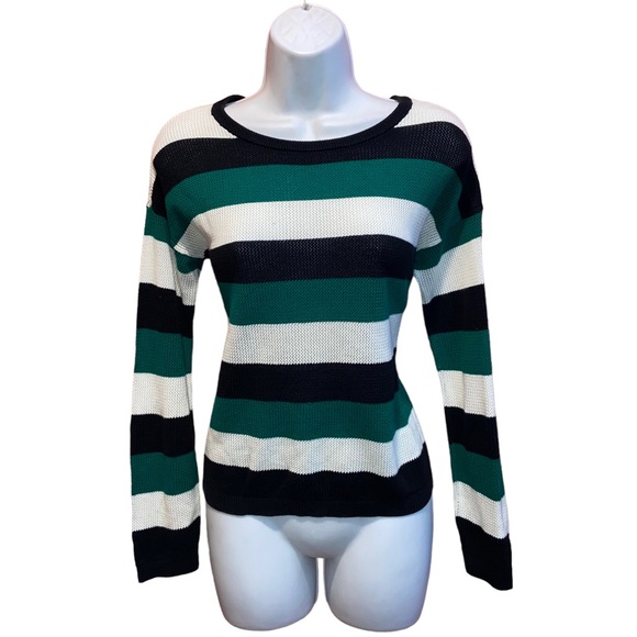 THE LIMITED Open Weave Knit Striped Green White Black Sweater - Women’s Small - Picture 12 of 13